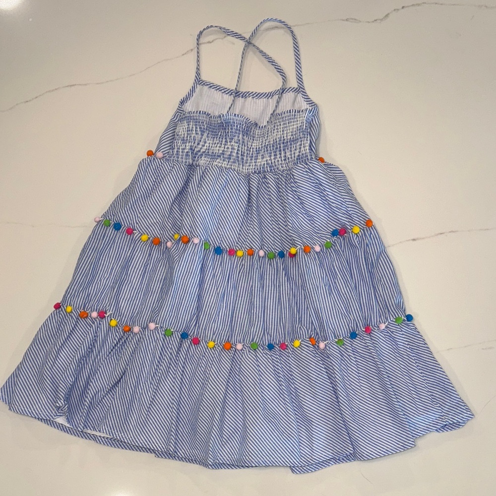 Tommy Bahama Blue Striped Kids Dress with Colorful Pom Poms Size 7 - Picture 2 of 3